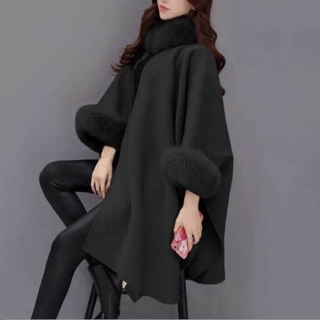 Simple solid color fur collar splicing cloak