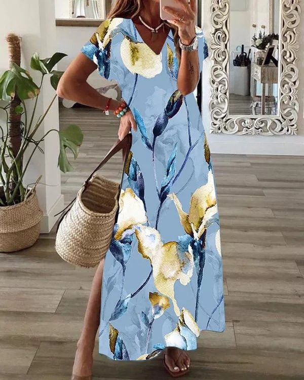 V-neck Casual Loose Floral Print Short Sleeve Maxi Dress