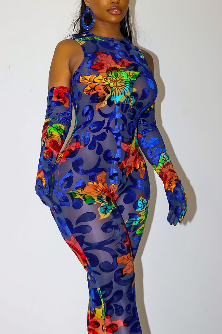 Xpluswear Plus Size Blue Party Mesh Floral Print Jumpsuits (With Gloves) 
