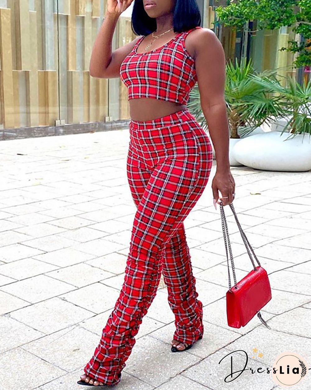 Plaid Print Crop Tank Top & High Waist Fold Pants Set