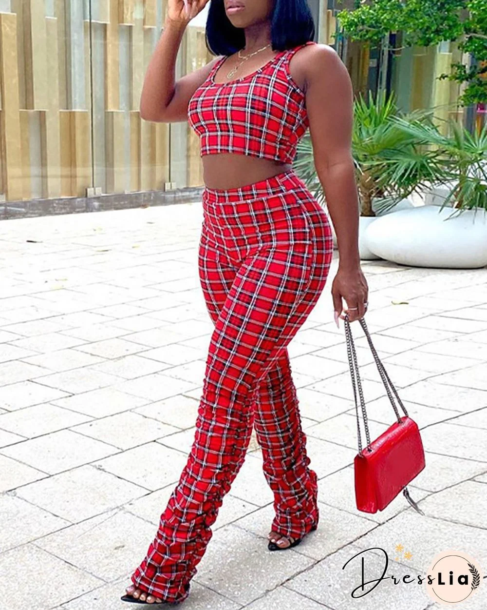 Plaid Print Crop Tank Top & High Waist Fold Pants Set