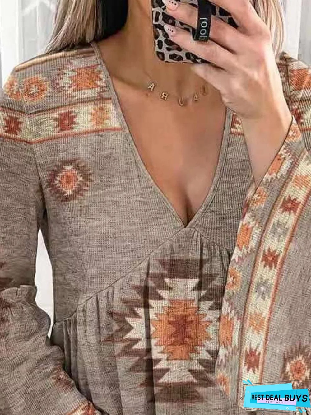 Casual V-Neck Vintage Print Flare Sleeve Loose Blouse