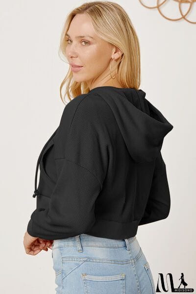 MidiSono - Waffle-Knit Drawstring Zip Up Hoodie