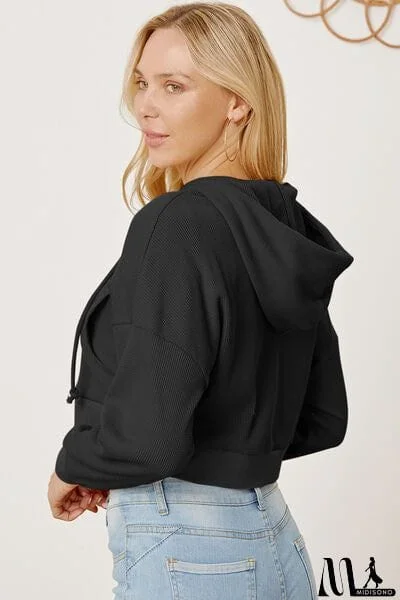 MidiSono - Waffle-Knit Drawstring Zip Up Hoodie