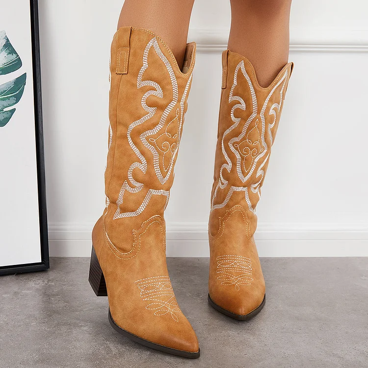 Embroidered Western Cowboy Boots Chunky Heel Mid Calf Riding Boots