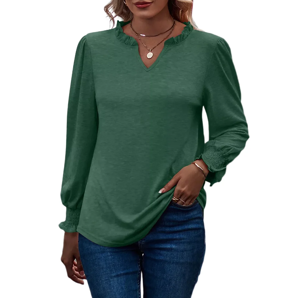 Green Solid V Neck Puff Sleeve Tops