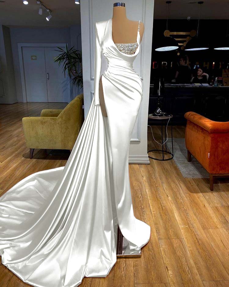 Daisda Chic Pink One Long Sleeve Slit Prom Dress Gown