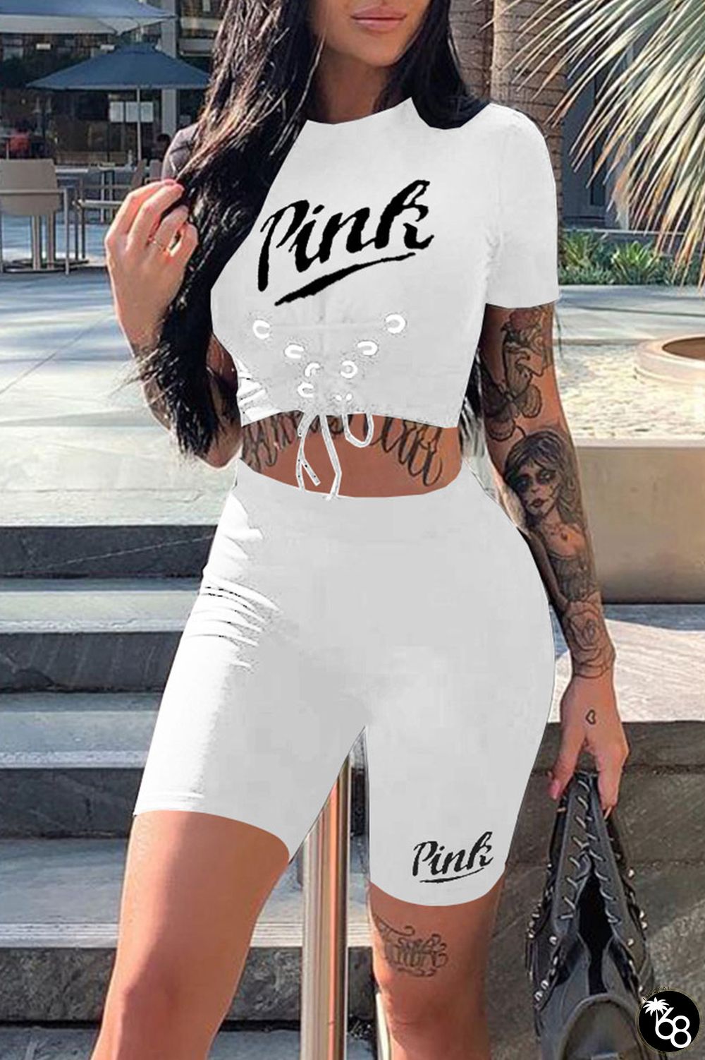 White Casual Sportswear Print Bandage Patchwork O Neck Short Sleeve Two Pieces | 168DEAL