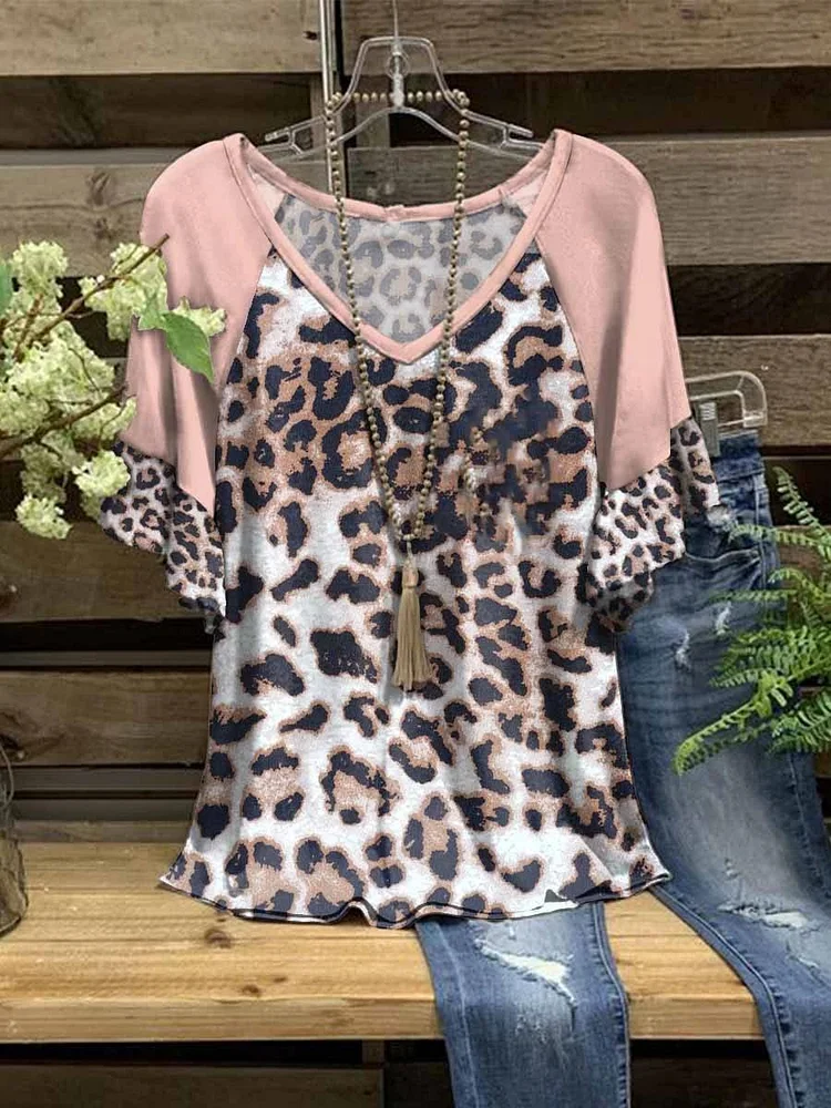 Women's New Pink V-Neck Leopard Print Short Sleeve T-Shirt
