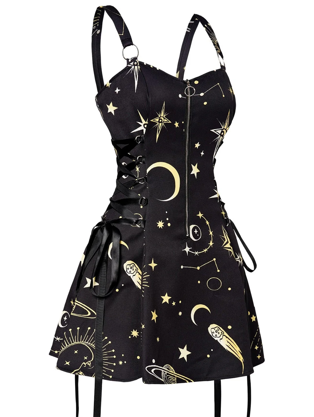 Star Print Lace-Up Apron Mini Dress with Front Zipper