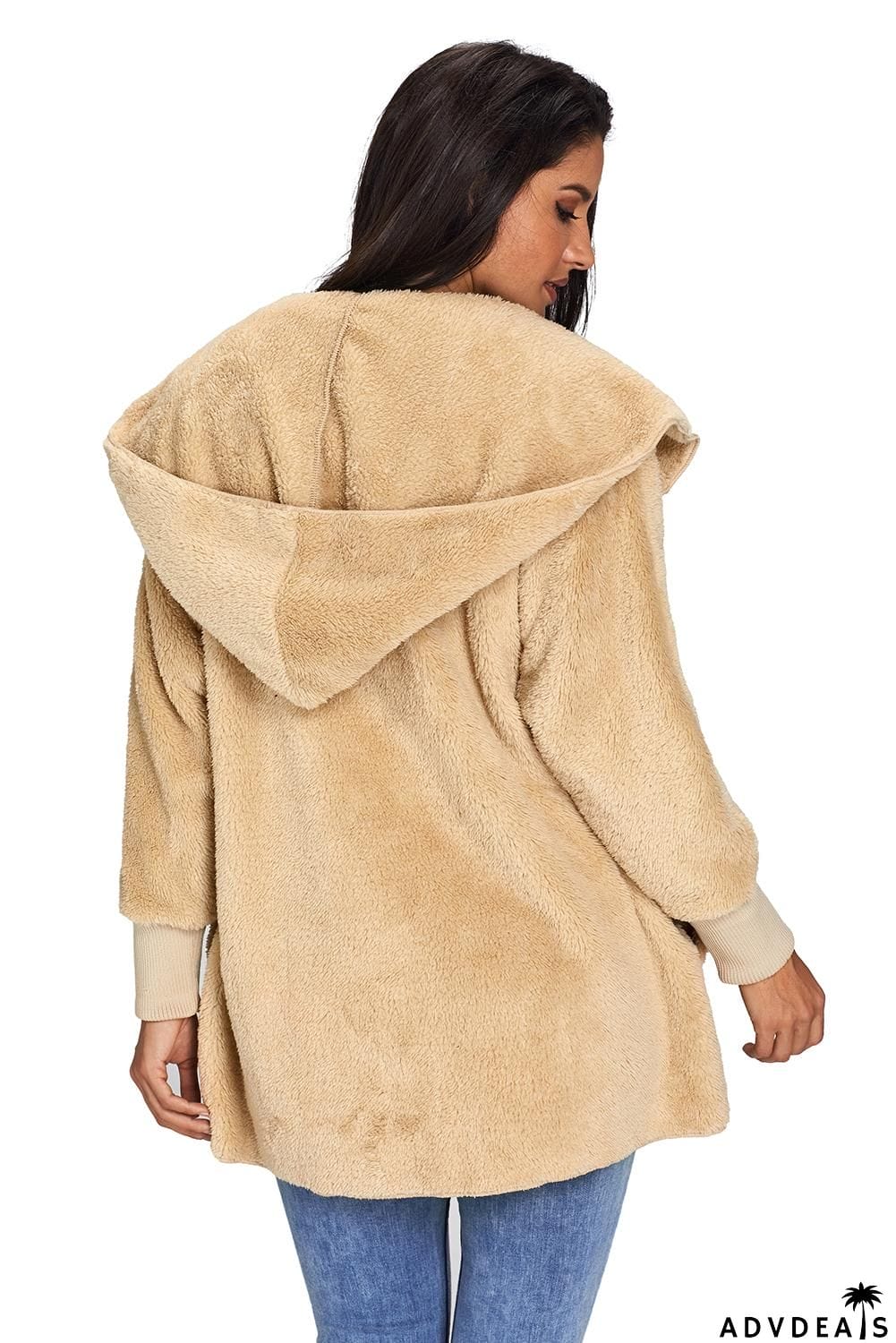 Khaki Hooded Open Front Soft Fleece Coat