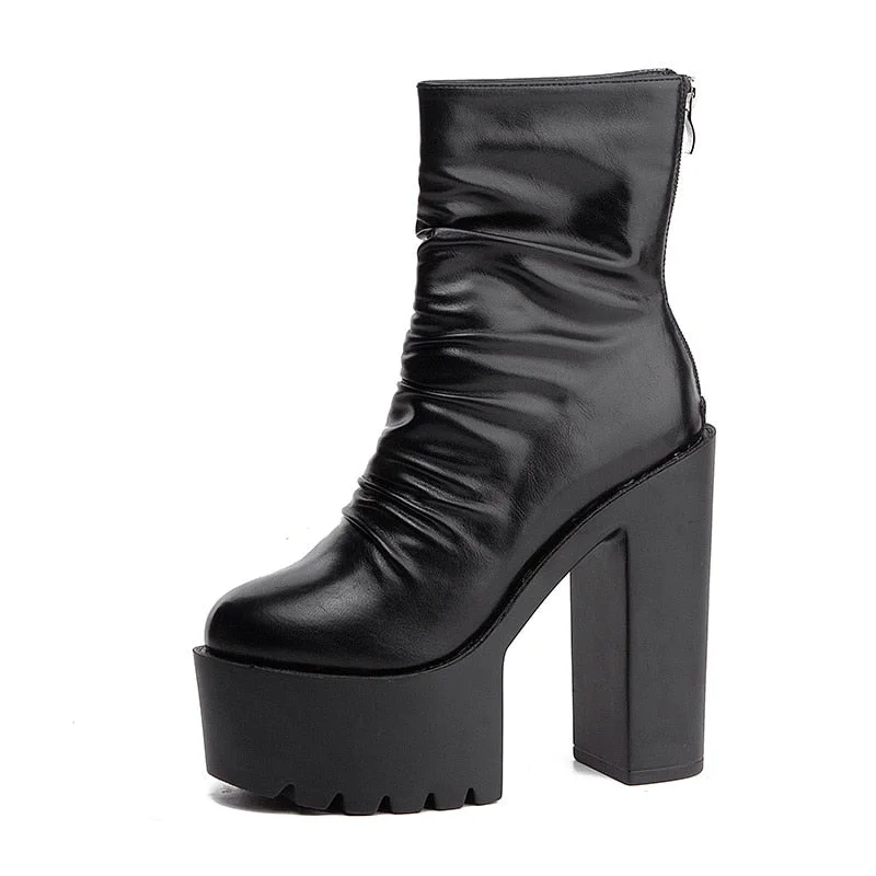 Gdgydh 2022 New Autumn Winter Platform Boots High Heels Back Zipper Black White Short Boots For Women Waterproof Gothic Shoes