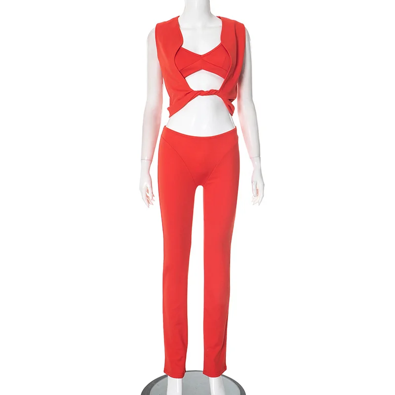 Brownm Brownm Women's Spring And Summer Sleeveless Breast Vest Hollow Kinesik Low-Rise Line Straight Suit