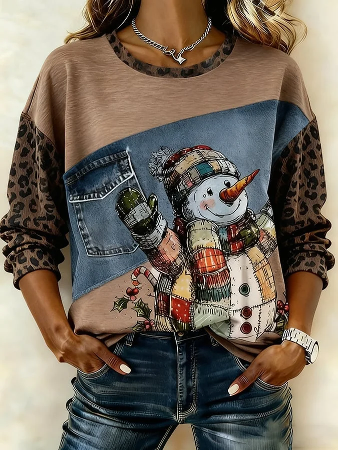 Women's Casual Retro Western Leopard Snowman Print Sweatshirt 
