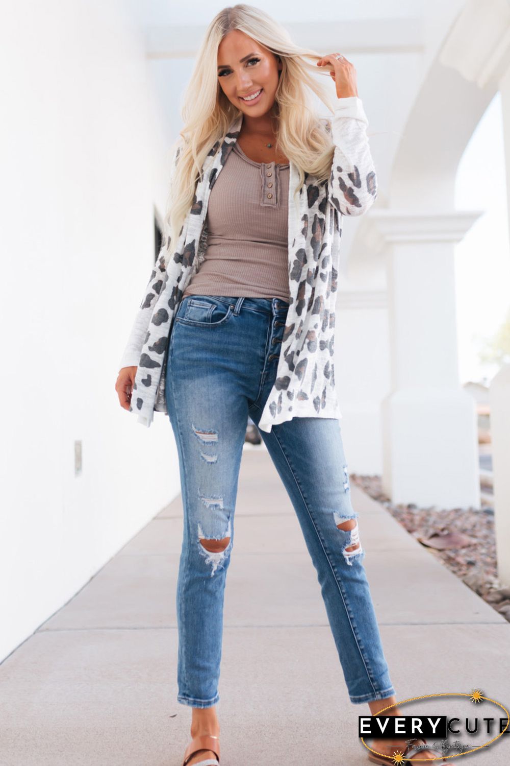White Vintage Leopard Print Open Cardigan