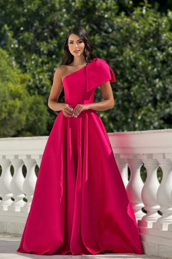 Oknass One Shoulder Sleeveless Long Prom Dress With Pleated Bowknot