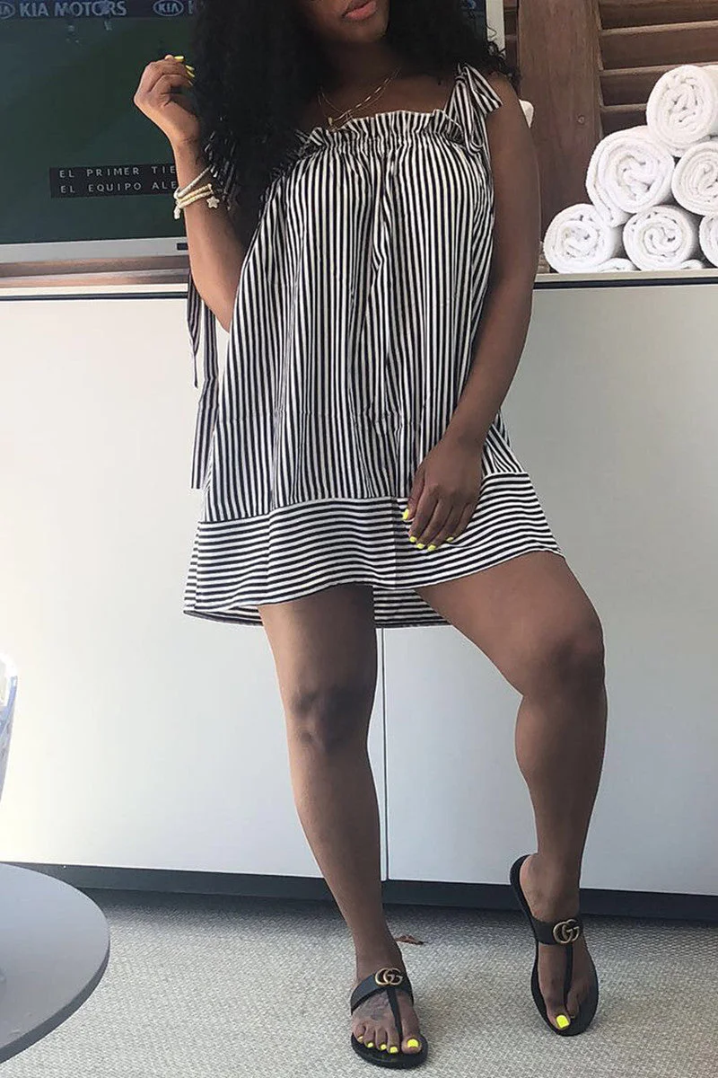 Sexy Casual Striped Print Bandage Backless Square Collar Vest Dress