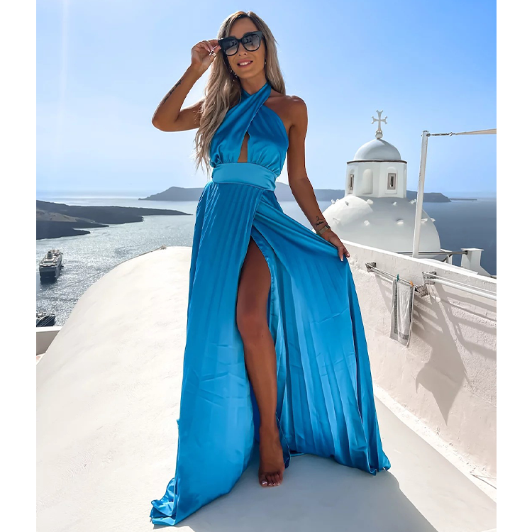 Cross Neck Irresistible Desire Satin Ruffle Maxi Dress