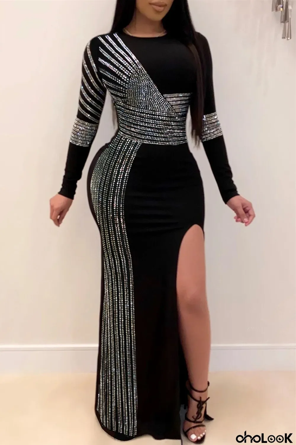 Black Fashion Sexy Patchwork Hot Drilling Slit O Neck Long Sleeve Dresses