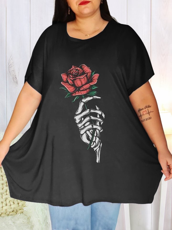 Crew Neck Rose Print Women's T-Shirt