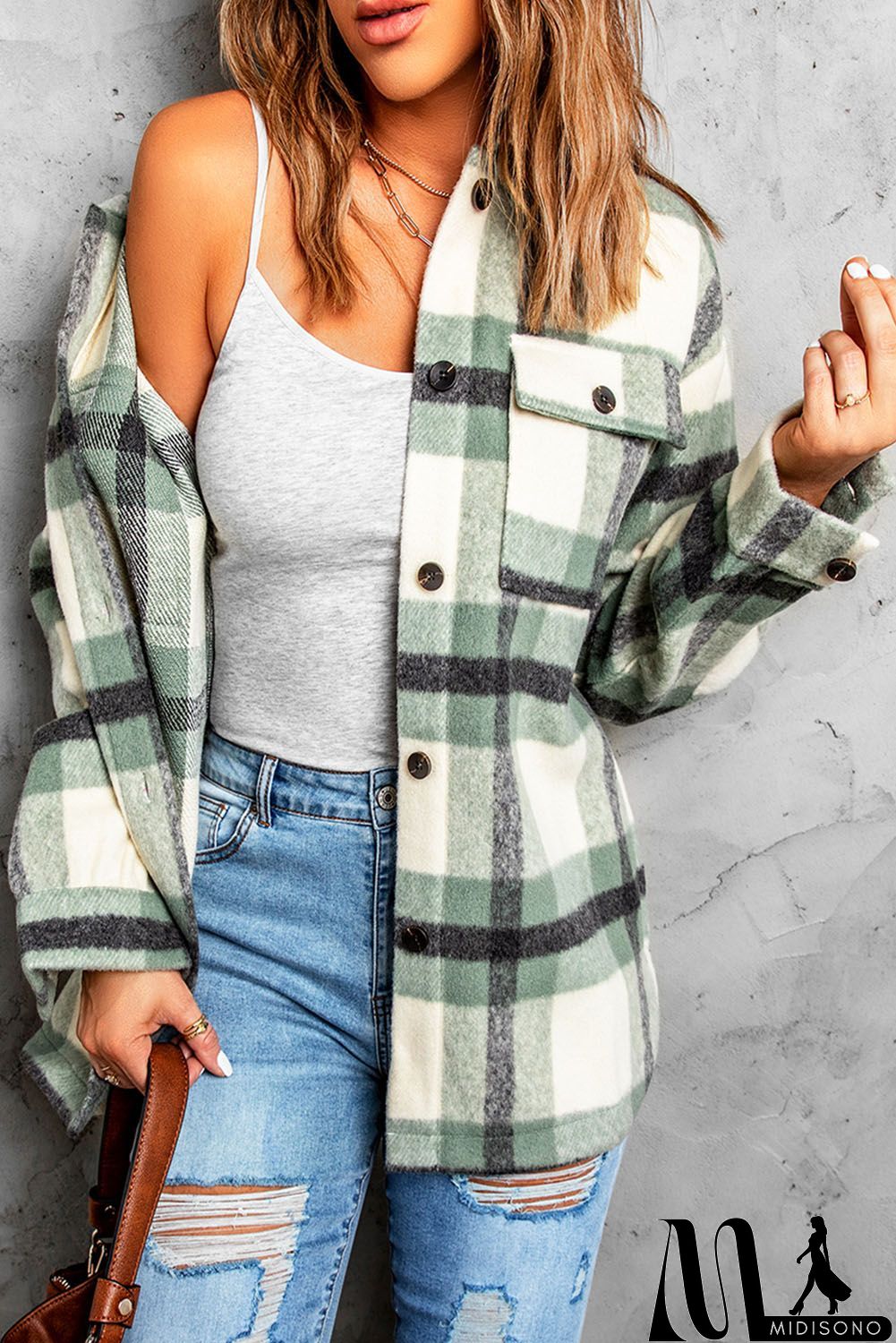 MidiSono - Green Plaid Print Shacket