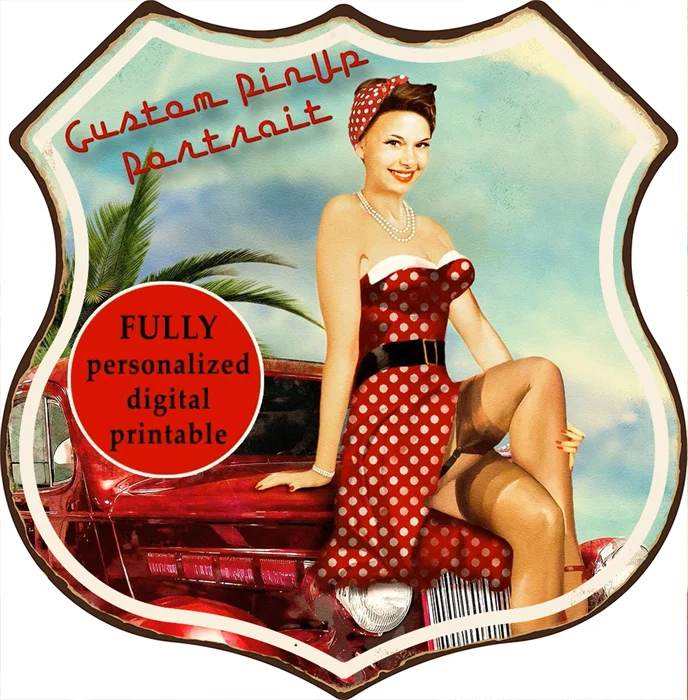Pin up girl garage - shield vintage en étain enseignes - 11.8x11.8inch