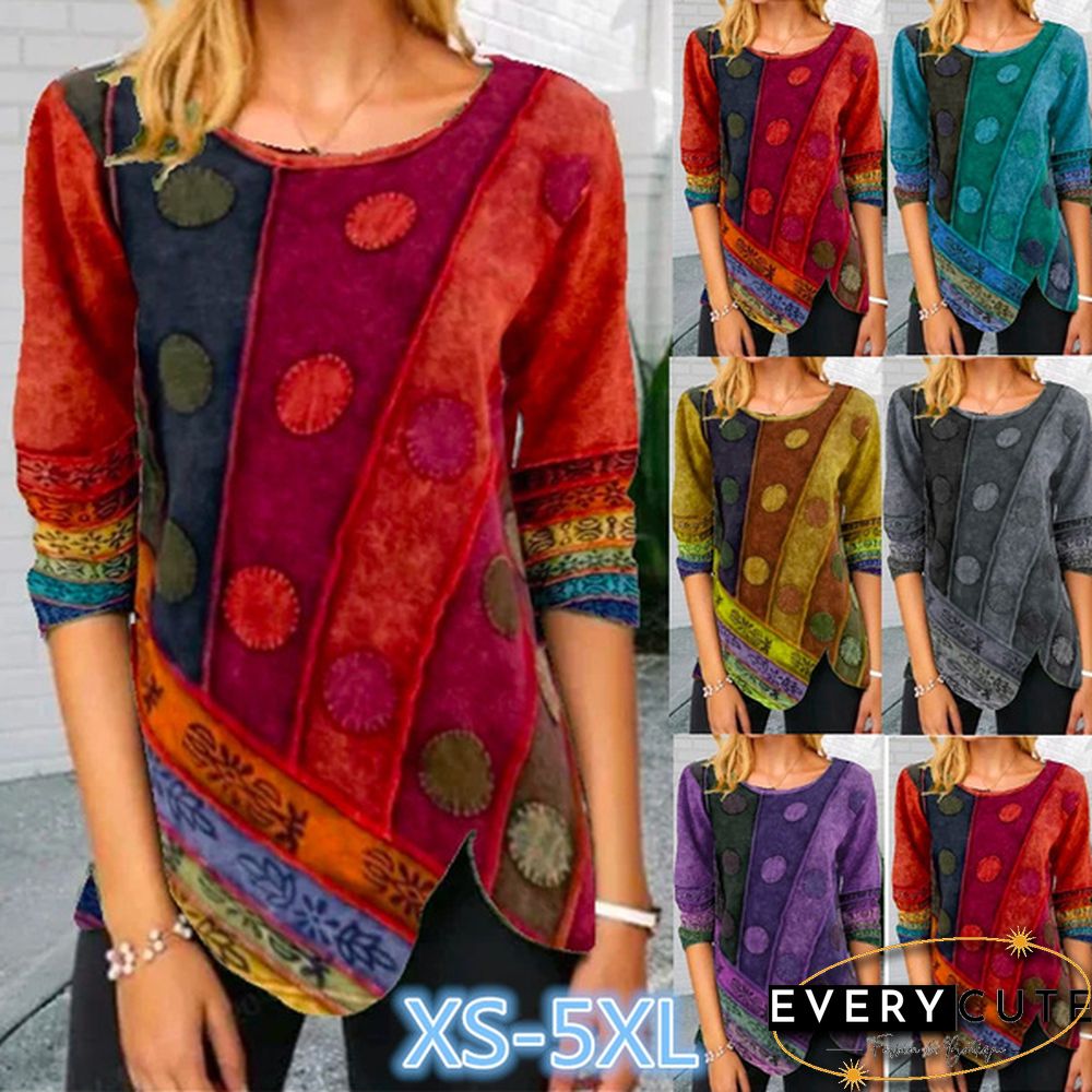 Autumn and Winter New Fashion Women's Printed Long-sleeved Round Neck Casual T-shirt Loose Plus Size Irregular Hem Top XS-5XL