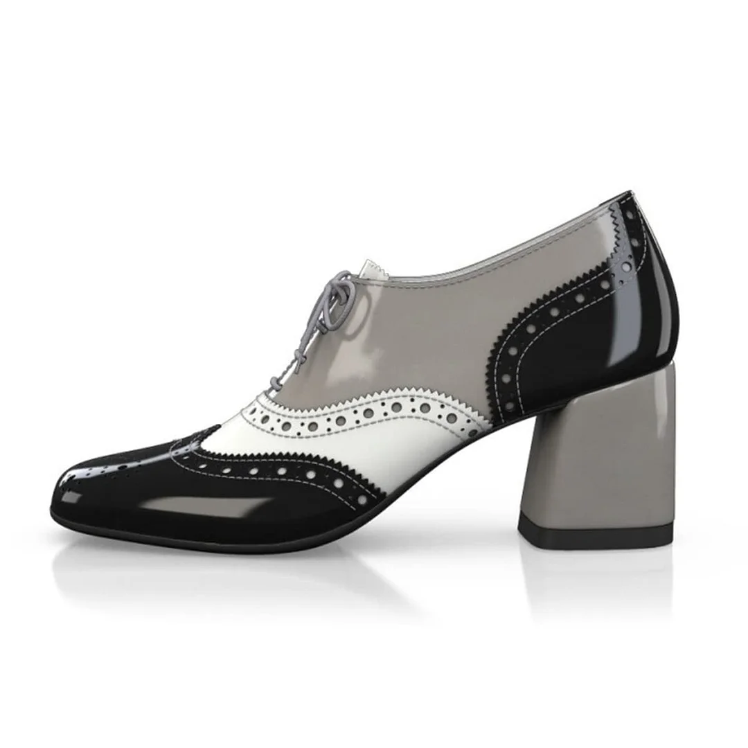 Black and Grey Round Toe Lace-Up Wingtip Shoes with Block Heels