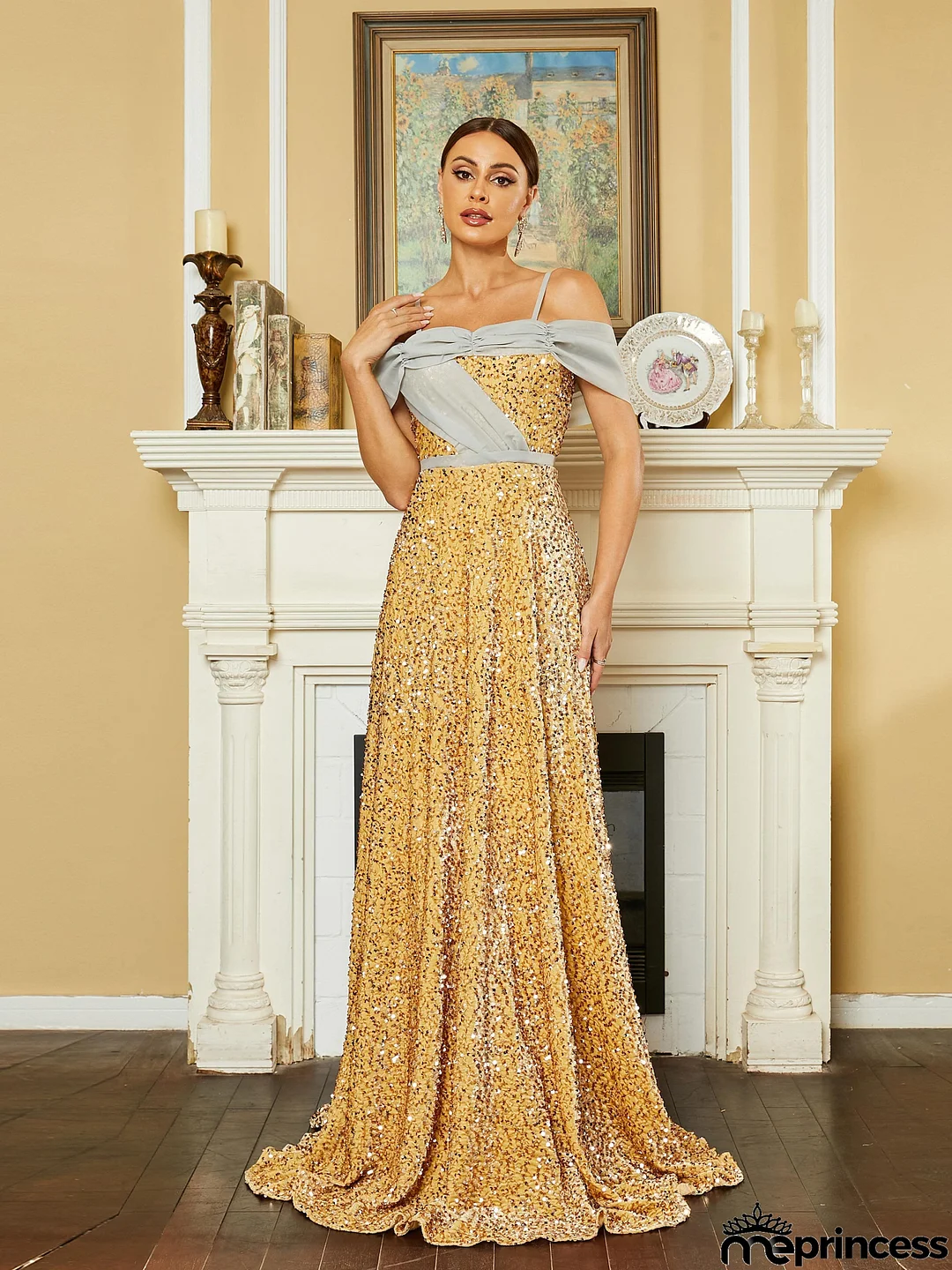 Spaghetti Backless A-Line Pleated Panel Evening Dress RJ10291