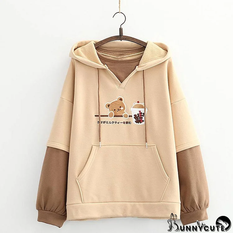 Cute Cartoon Bear Pocket Colorblock Hoodie