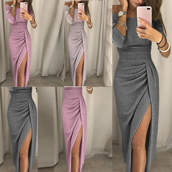 Women Off Shoulder Party dresses High Slit Bodycon Dress Long Sleeve Fashion Prom Dress Skirt