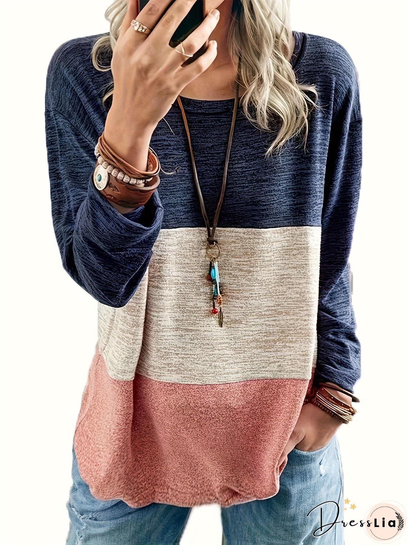 Plus Size Casual Top, Women's Plus Colorblock Long Sleeve Round Neck Medium Stretch Top