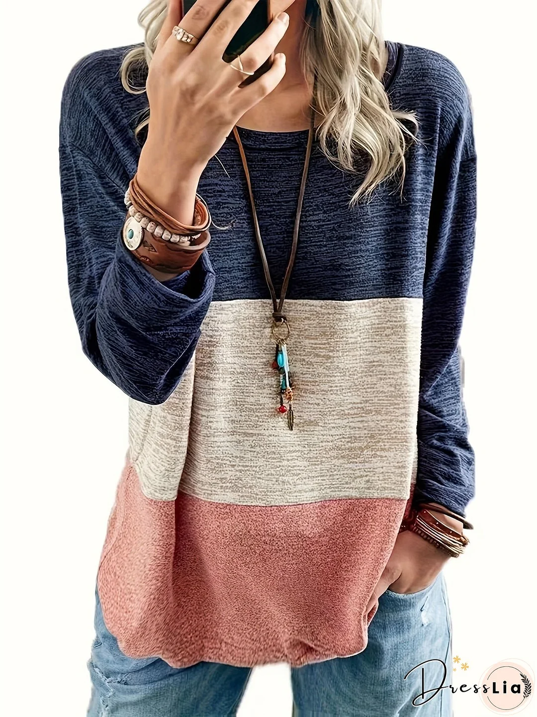 Plus Size Casual Top, Women's Plus Colorblock Long Sleeve Round Neck Medium Stretch Top