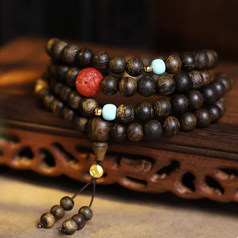 108 Mala Beads Agarwood Red Agate Turquoise Peace Meditation Necklace Bracelet