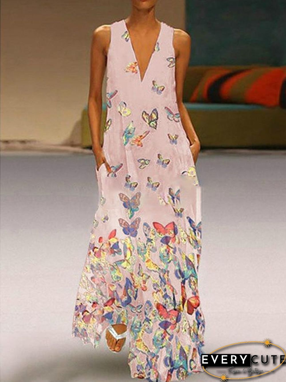 Women's A-Line Dress Maxi long Dress - Sleeveless Butterfly Animal Print Summer Deep V Plus Size Hot Casual Beach  White Purple Yellow Blushing Pink Light Blue S M L XL XXL 3XL 4XL 5XL White Dresses