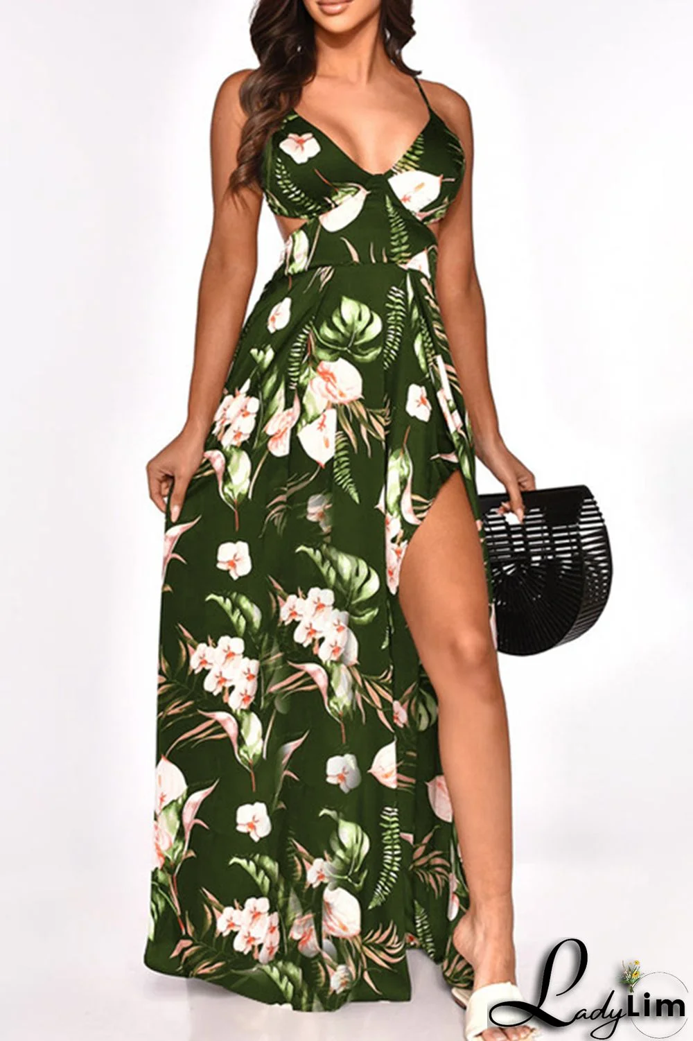 Burgundy Fashion Sexy Print Bandage Backless Slit Spaghetti Strap Long Dress Dresses