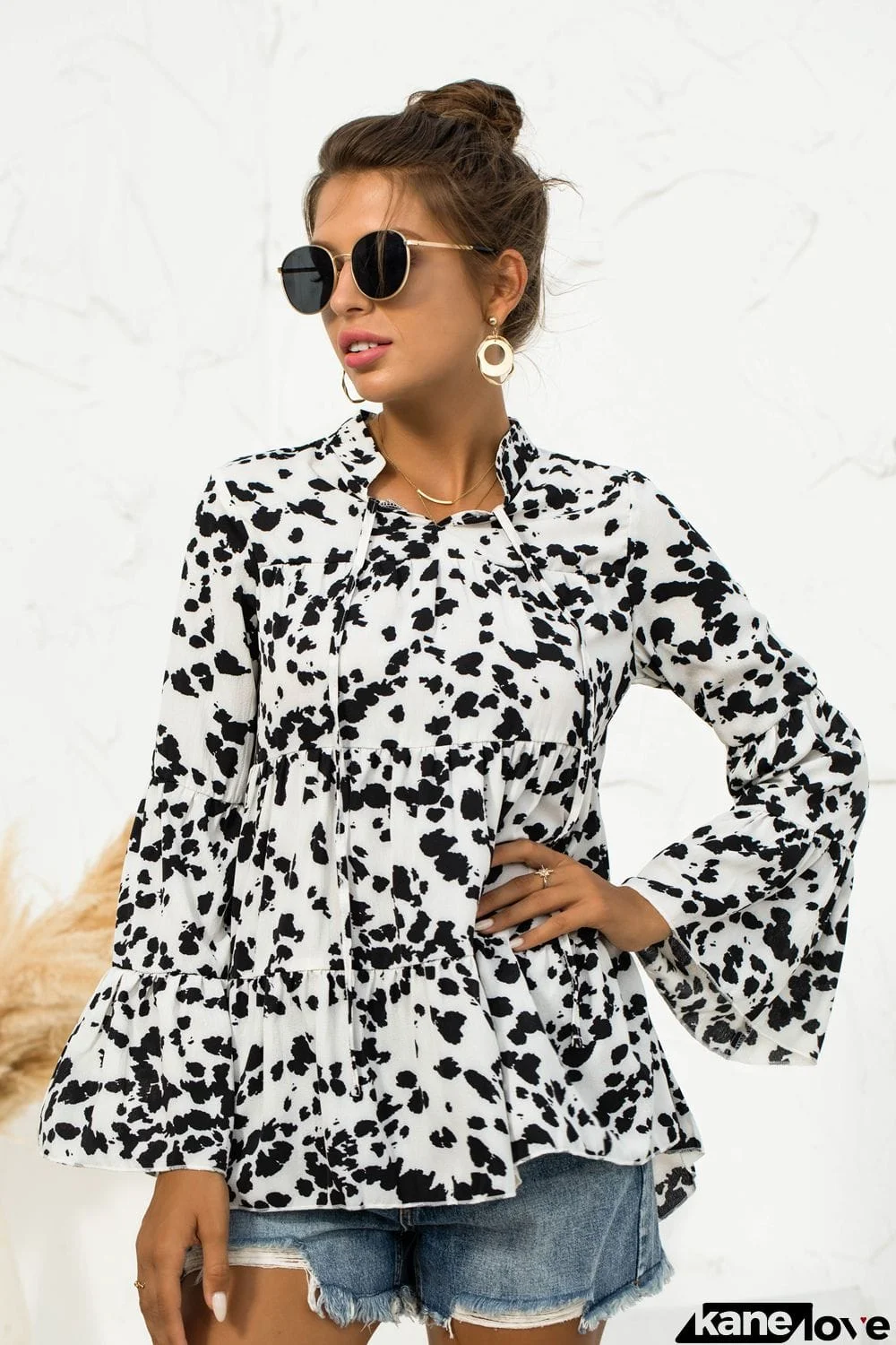 Printed Flare Sleeve Tie Neck Ruffle Trim Blouse