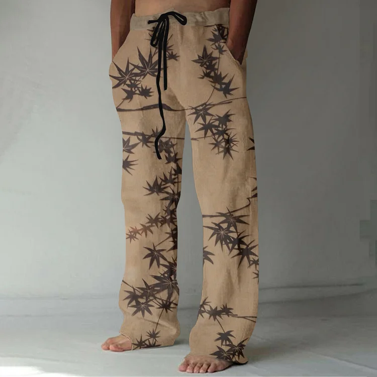 Japanese Vintage Maple Leaf Art Linen Blend Casual Pants