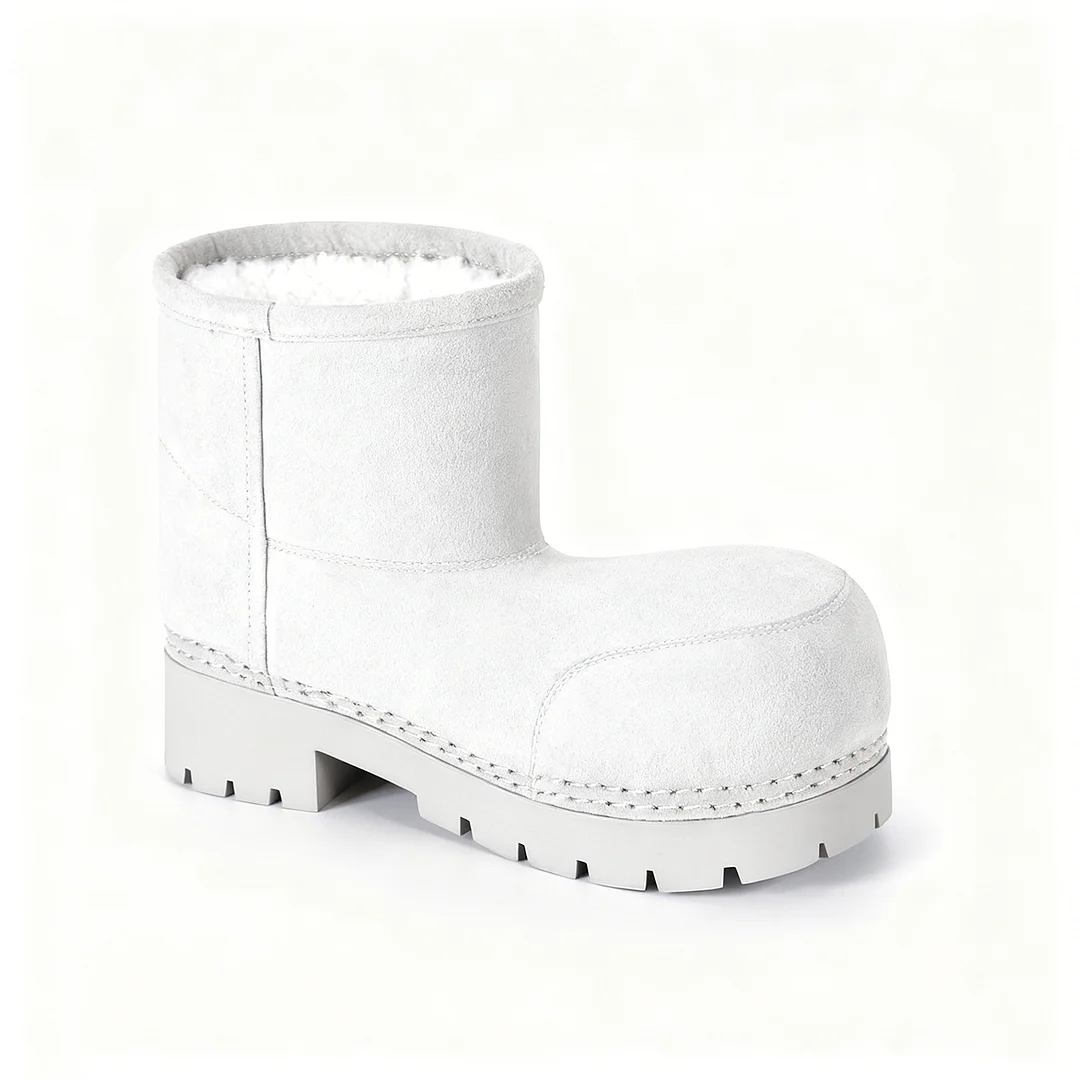 Faux Suede Platform Fuzzy Snow Boots Round Toe Hippy Winter Boots Slip On Knee High Chunky Heel Fur Boots-MERUMOTE