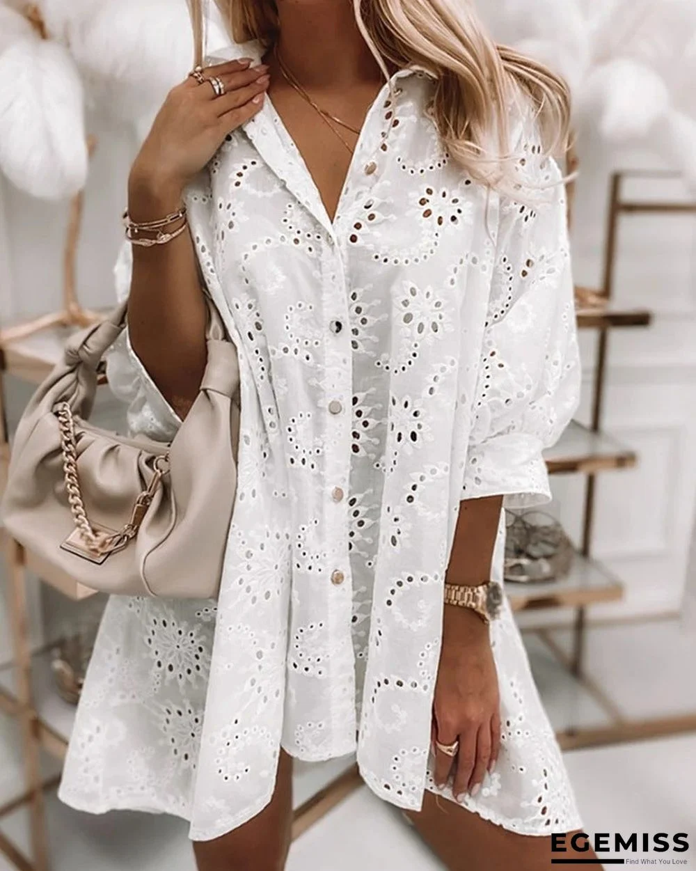 Solid Color Hollow Single-breasted Long Shirt Dress White Dresses | EGEMISS