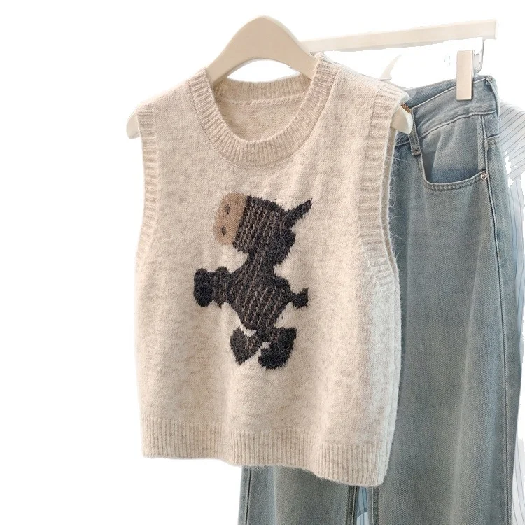 Athvotar Athvotar New Vest Sweet And Cute Cartoon College Style Knitted Winter Round Sweater Collar Sweater Bottom Shoulder Vest