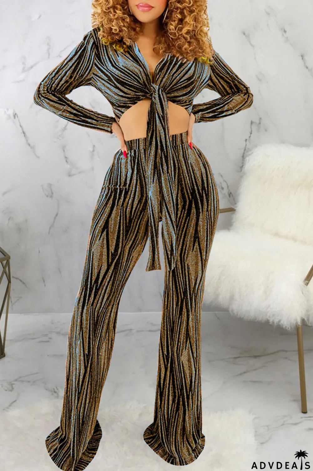 Black Sexy Print Bandage Patchwork V Neck Long Sleeve Two Pieces