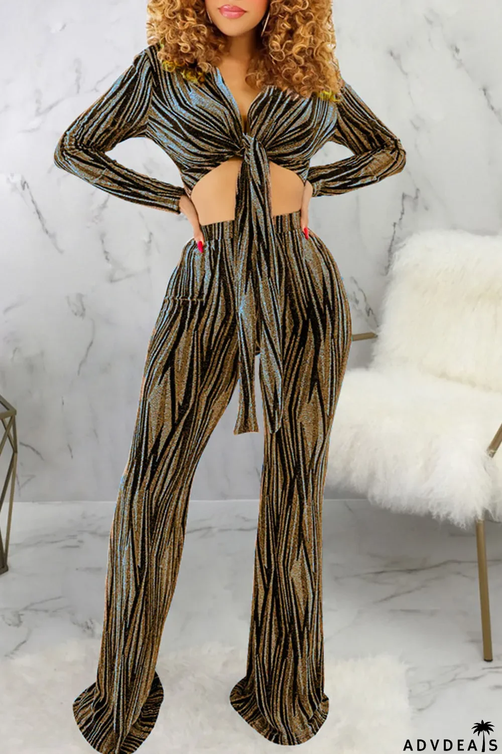 Black Sexy Print Bandage Patchwork V Neck Long Sleeve Two Pieces