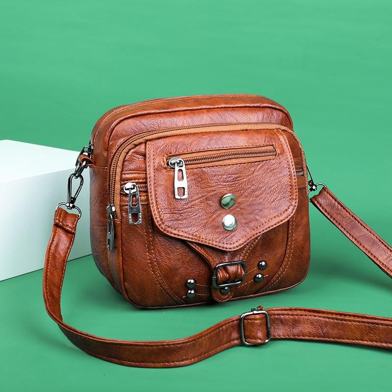 Vintage Studded Buckle Washed Leather Bag