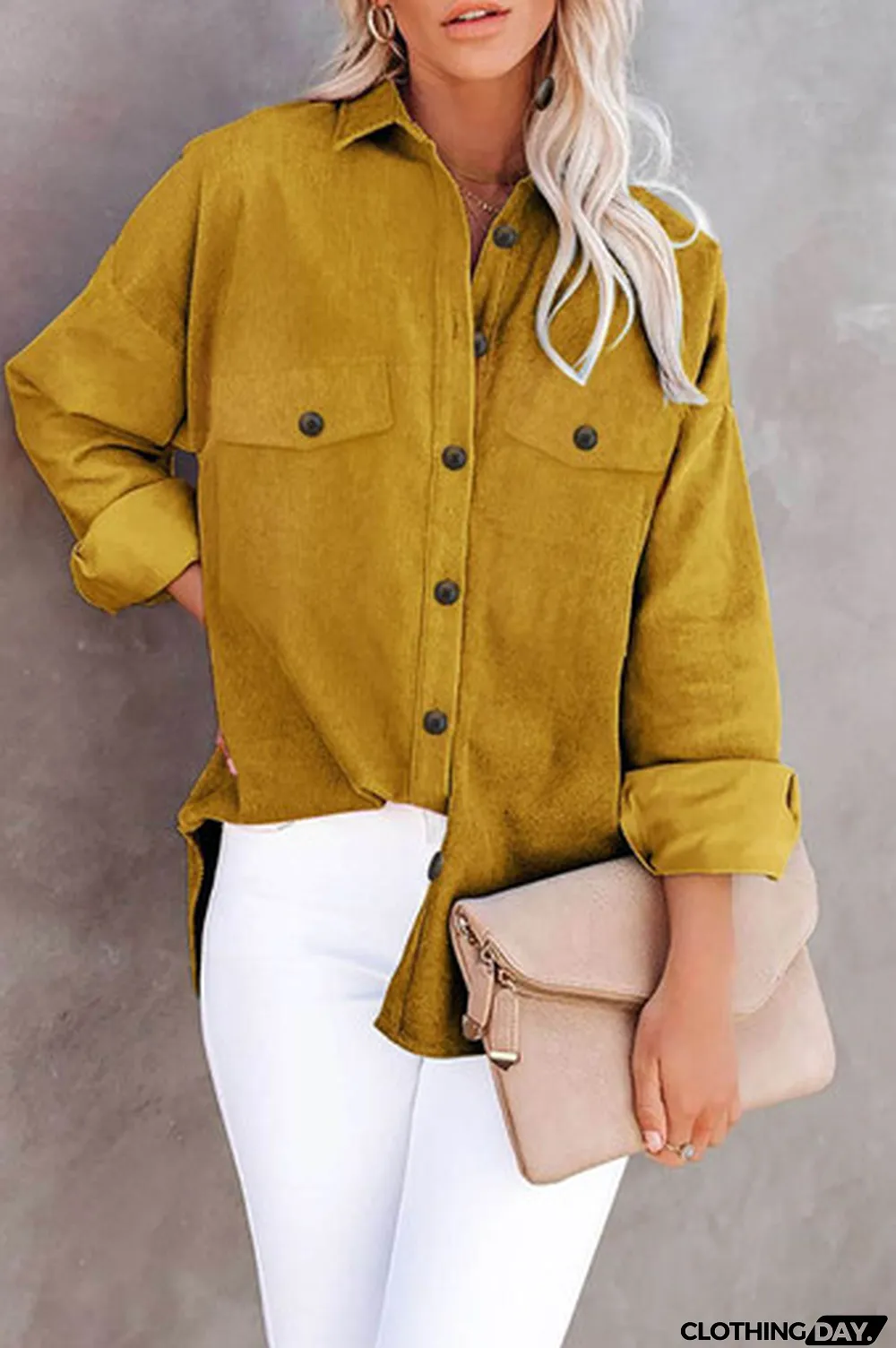 Yellow Corduroy Long Sleeve Button-up Shirt Coat