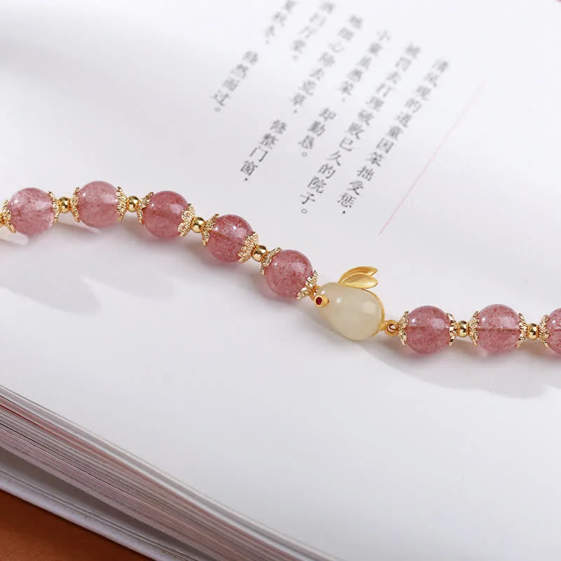 925 Sterling Silver Strawberry Quartz Year of the Rabbit Hetian Jade Moonstone Healing Bracelet