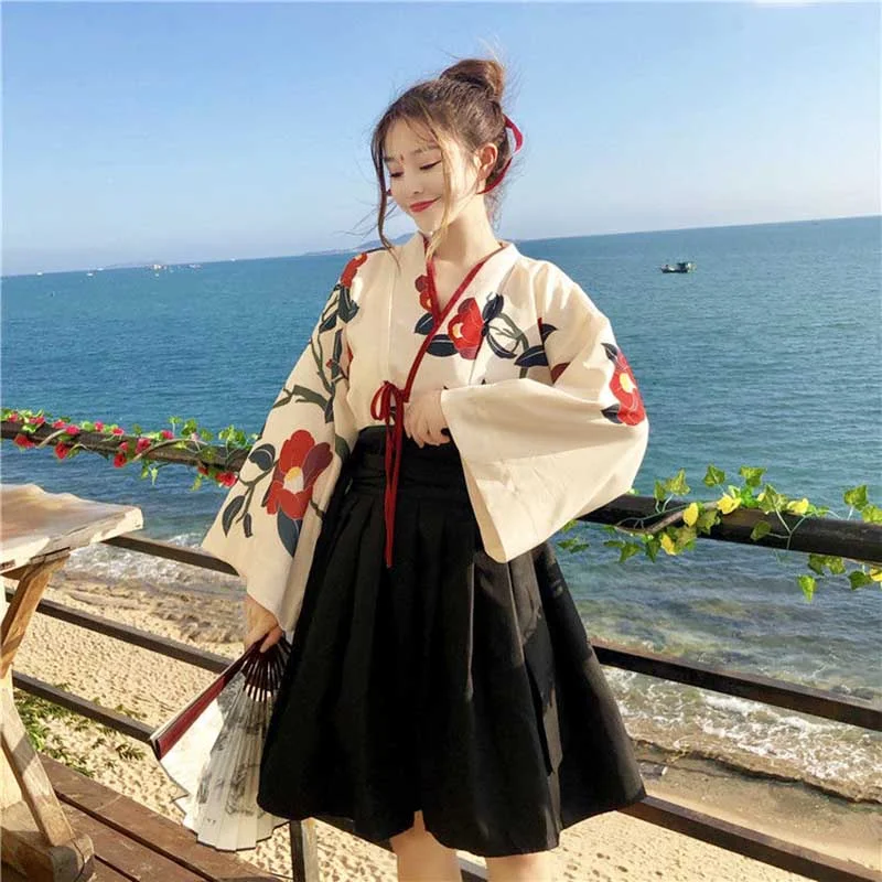 NiceMix Japanese Sweet Kawaill Girl Kimono Cardigan Prove Kimonos Coat Flower Print Badange Skirt 2 PCS Sets Black Dress