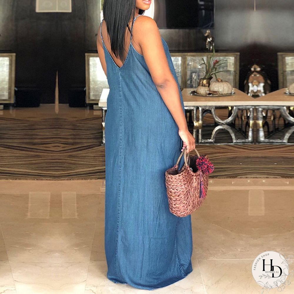 S-5XL Women Sexy Sleeveless Spaghetti Straps Denim Color Maxi Dress Summer Holiday Beach Sundress