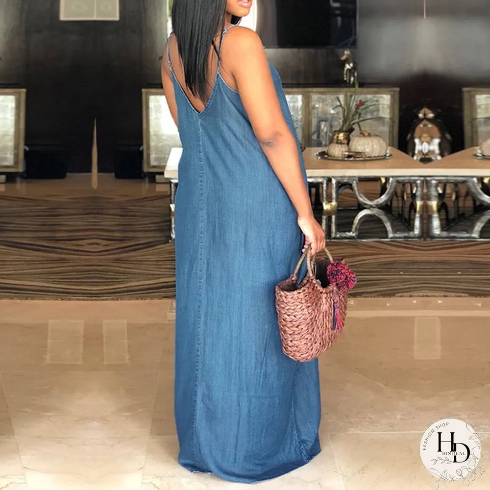 S-5XL Women Sexy Sleeveless Spaghetti Straps Denim Color Maxi Dress Summer Holiday Beach Sundress