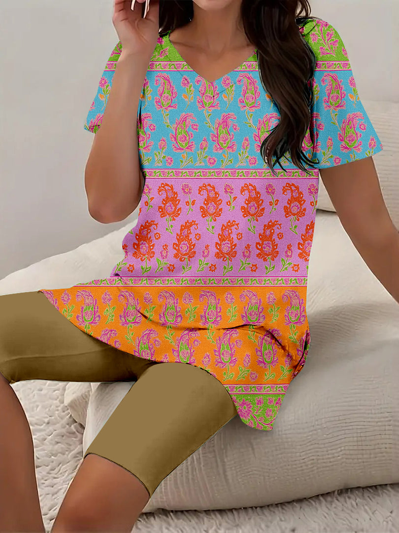 Women Long Sleeve V-neck Graphic Floral Printed Top